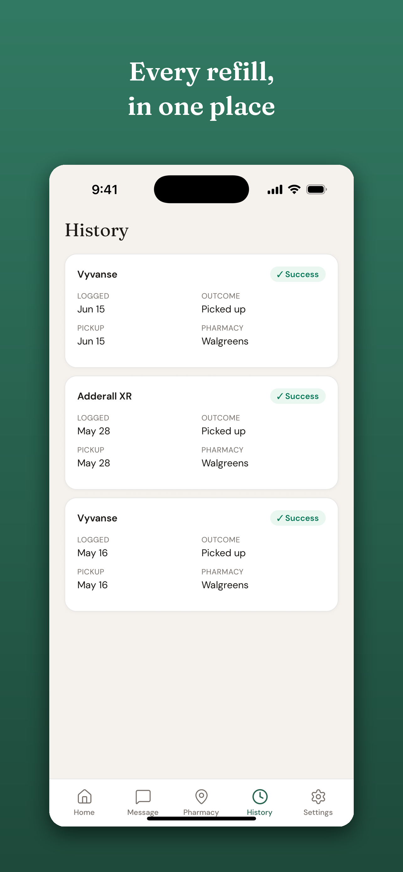 ScriptPing refill history screen